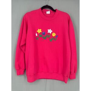 90s Vintage Sweatshirt Womens Medium Pink Floral Flowers Granny Cottagecore Boho